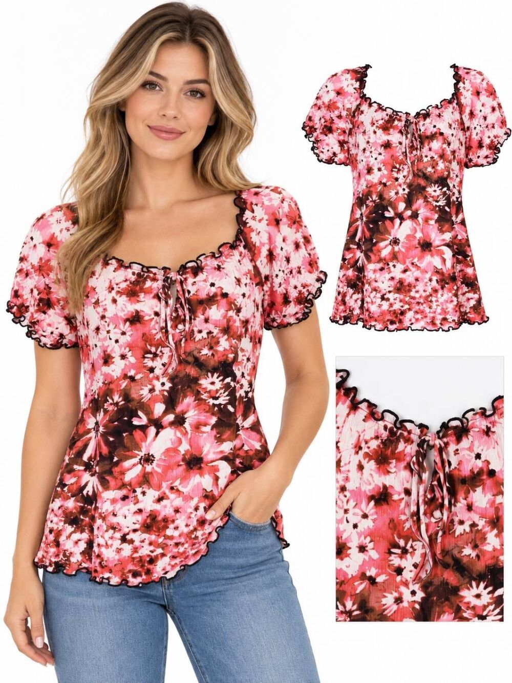 Susan Lawrence Pink Floral Smocked Top XL Short Sleeve Stretch